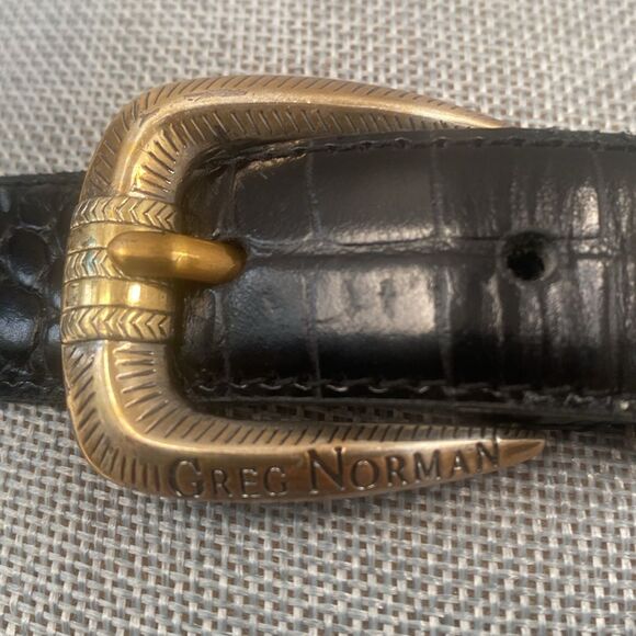 Greg Norman Men Greg Norman Collection Black Croc-Embossed Leather Belt Gold Buckle 40\